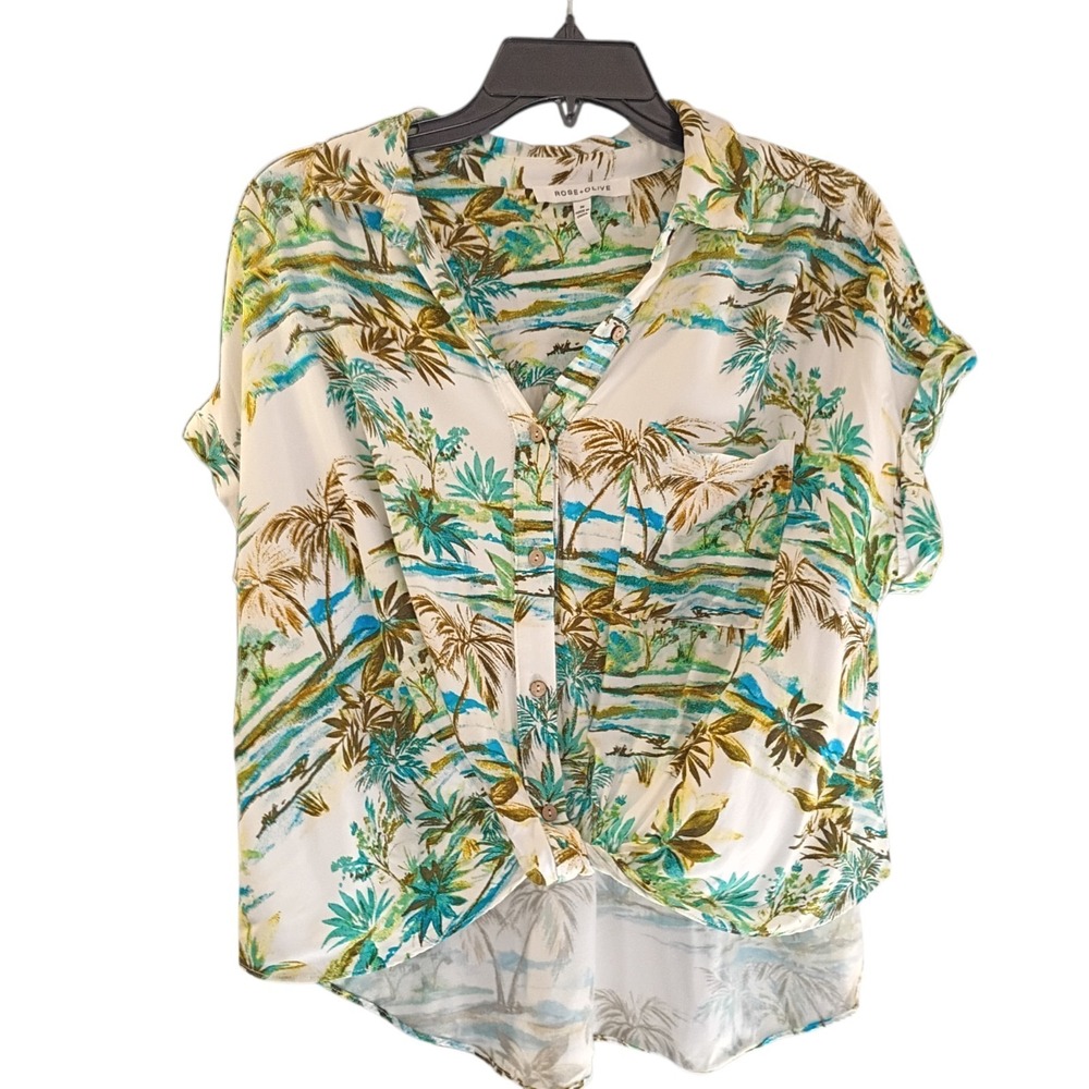 ROSE + OLIVE Palm Tree Tropical Button Up‎ Shirt Sleeve Shirt Women's Sz M Rayon - Picture 2 of 8